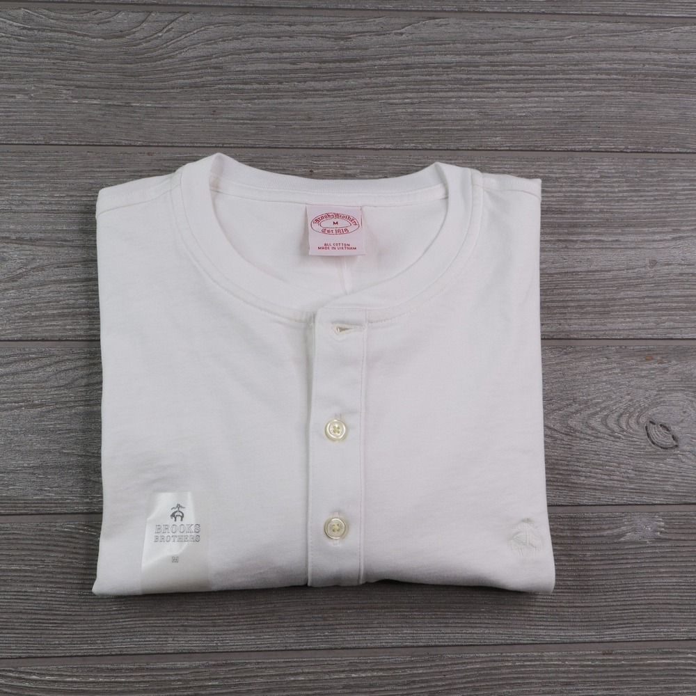 Brooks Brothers Henley Shirt Men's Medium White Cotton Logo Long Sleeve